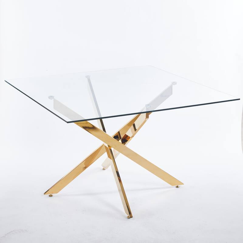 Golden Dining Table with cross metal leg and glass,Modern Space Saving Kitchen Table for Living Room,120x120x75cm square glass