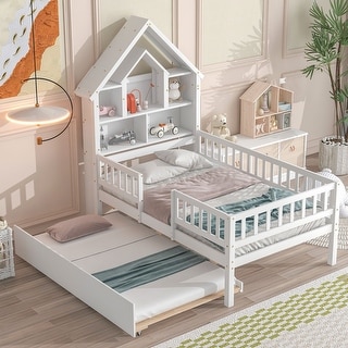 Twin Size House-Shaped Bed with Fence Guardrails and Trundle