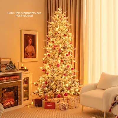 Gymax 7.5 FT Pre-Lit Artificial Christmas Tree Snow-Flocked Hinged