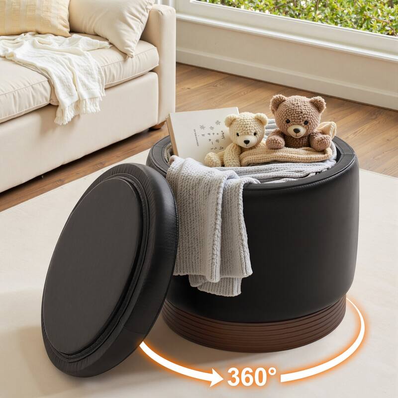 Round Swivel Storage Ottoman Footstool with Flip-top and Acacia Frame