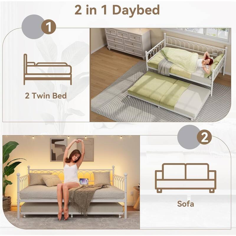Heavy Duty Daybed, Twin Size Platform Sofa Bed Frame Set with Charging Station