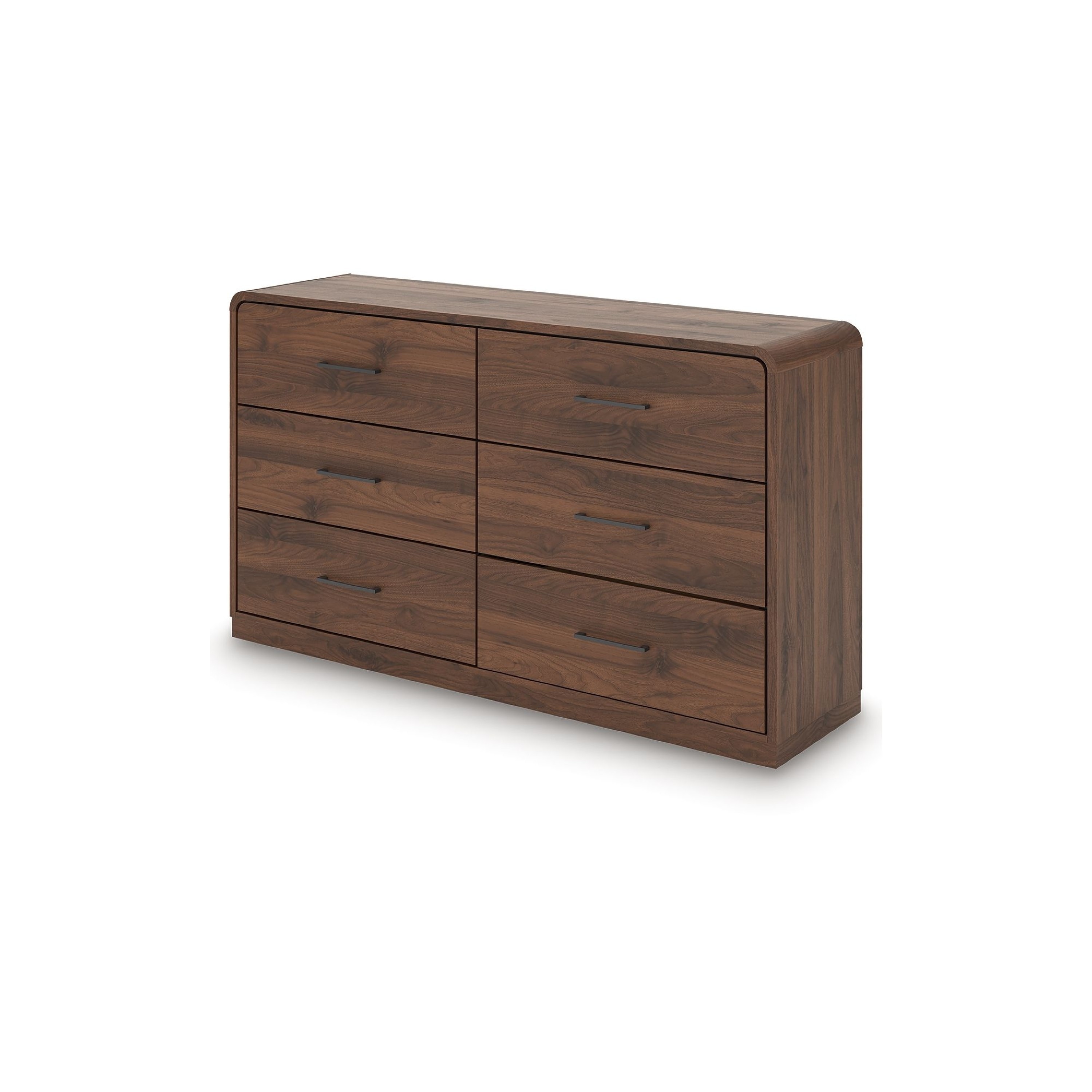 Fery Wide Dresser, 6 Drawers, Black Handles, Modern Sleek Walnut Brown