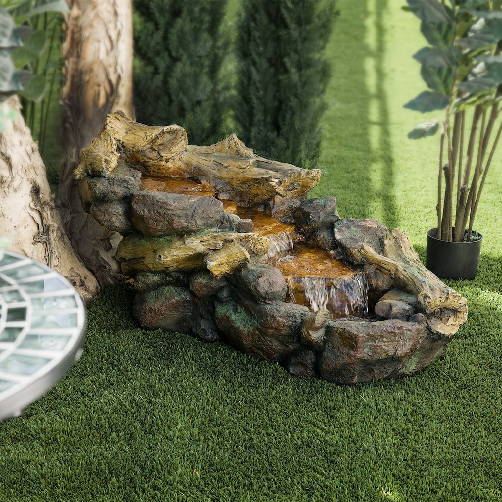 Alpine Corporation TZL296 41" Long Indoor/Outdoor River Rock and Log Fountain with LED Lights
