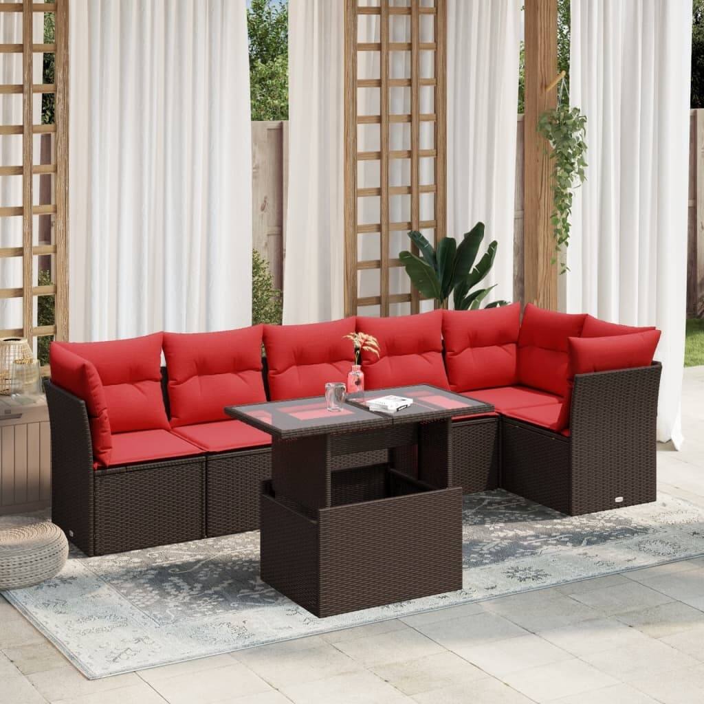 vidaXL 7 Piece Patio Sofa Set with Cushions Brown/Gray Poly Rattan - 24.4 x 24.4 x 27.2