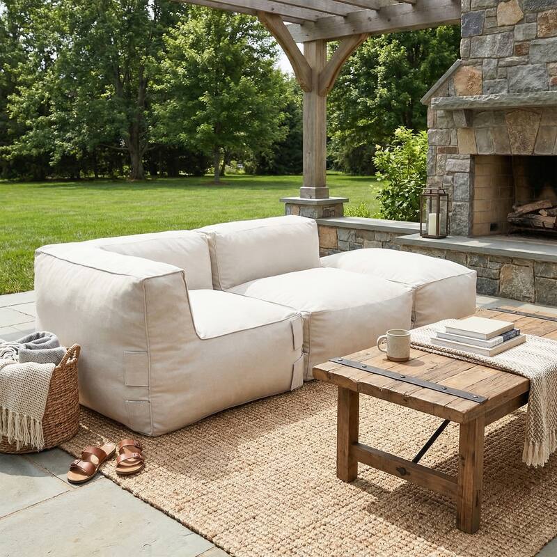 Christopher Knight Home - Nerissa 3-Piece Modular Outdoor/Indoor Bean Bag Sectional Sofa Set with Shredded Foam Filled & Ottoman - Beige