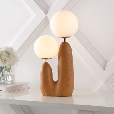 Astra 17.75" 2-Light Modern Bohemian Resin/Iron/Frosted Glass Danish Cactus LED Table Lamp, Brown Wood Finish by JONATHAN Y