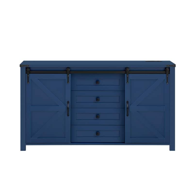 Farmhouse 55.1" Sideboard with Sliding Barn Doors and Storage Drawers, Wood Buffet Table with Power Outlet