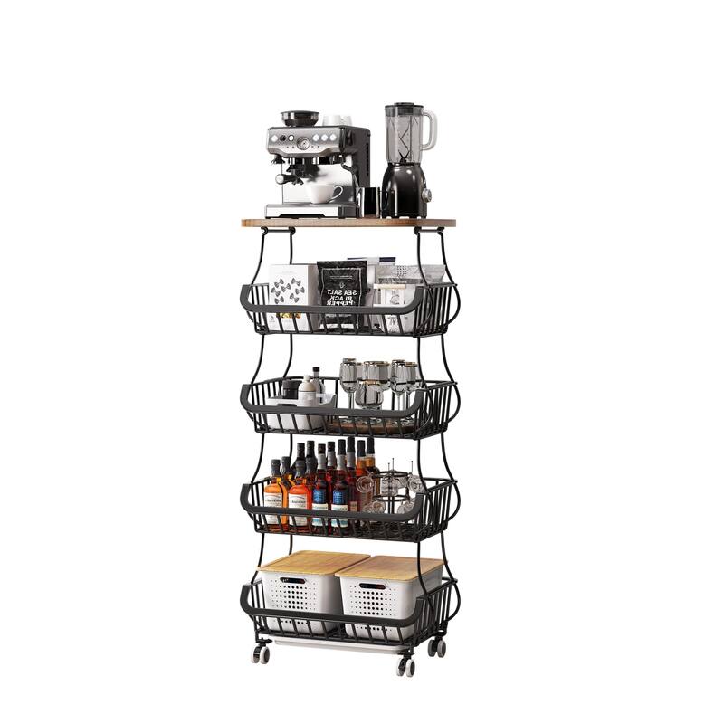 5 Tier Fruit Vegetable Basket for Kitchen with Wooden Tabletop, Storage Cart Vegetable Basket Bins for Onions and Potatoes