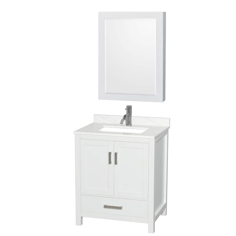 Sheffield 30-inch Single Vanity, Single Hole Quartz Top, Med Cabinet - White, Chrome Trim, Giotto Quartz Top