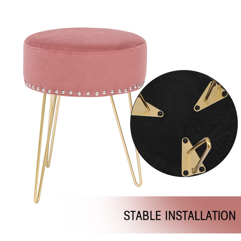 Adeco Footstool Round Ottoman Velvet Dressing Stool Gold Metal Legs