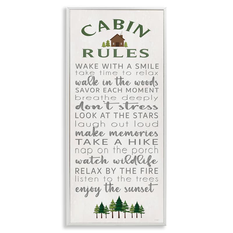 Stupell Fun Rustic Cabin Rules Framed Giclee Art Design By Seven Trees Design - 10 x 24 - White