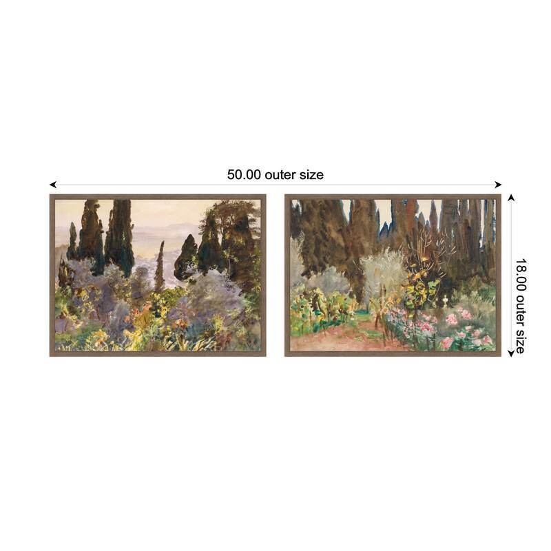 Kate and Laurel Granada 1912 & Gardens at Florence John Singer Sargent 2 Piece Framed Canvas Wall Art Set by Nostalgia Prints