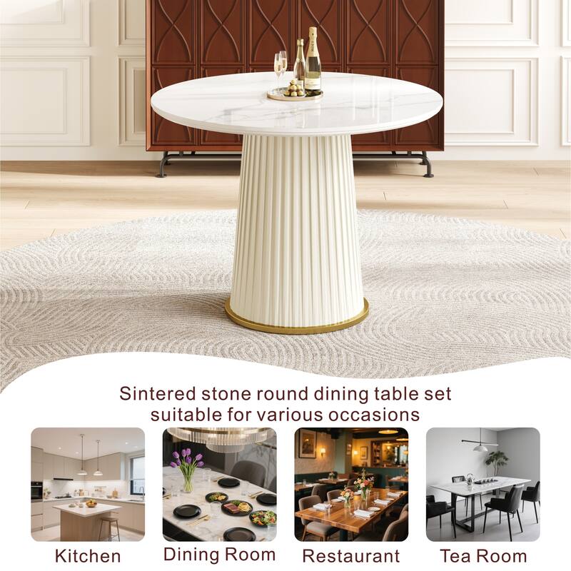 Modern 35.43 Inch Round Dining Table, Glossy Sintered Stone Top with Pleated PU Leather Iron Pedestal, Adjustable Feet - White
