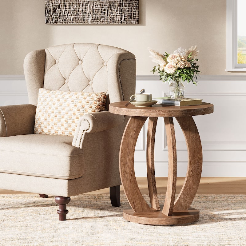 Round Side Table with Storage, Farmhouse End Table for Living Room Small Space