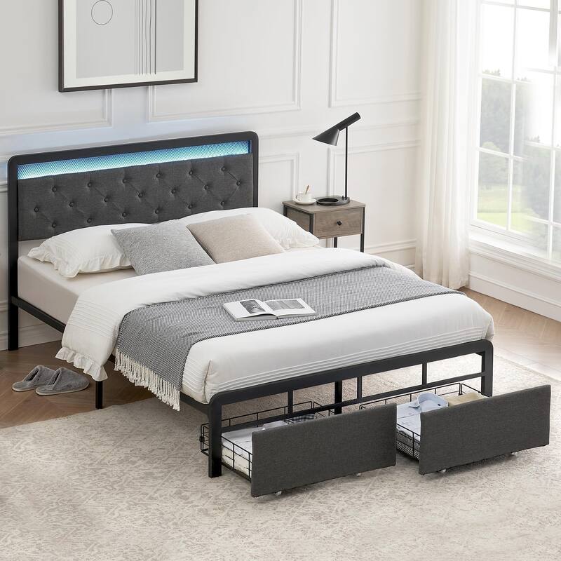 Bed Frame with LED Light and 2 Storage Drawers