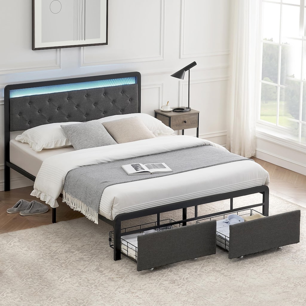 Bed Frame with LED Light and 2 Storage Drawers