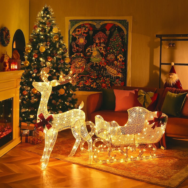 Lighted Reindeer and Sleigh Christmas Yard Decoration with 215 LED Lights for Outdoor Display
