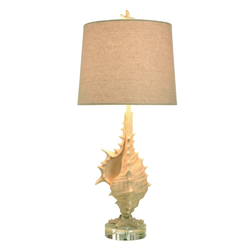 Porthaven Tan - Coastal Table Lamp - Conch Body - Sand Yellow, Clear Finish - Light Beige Shade