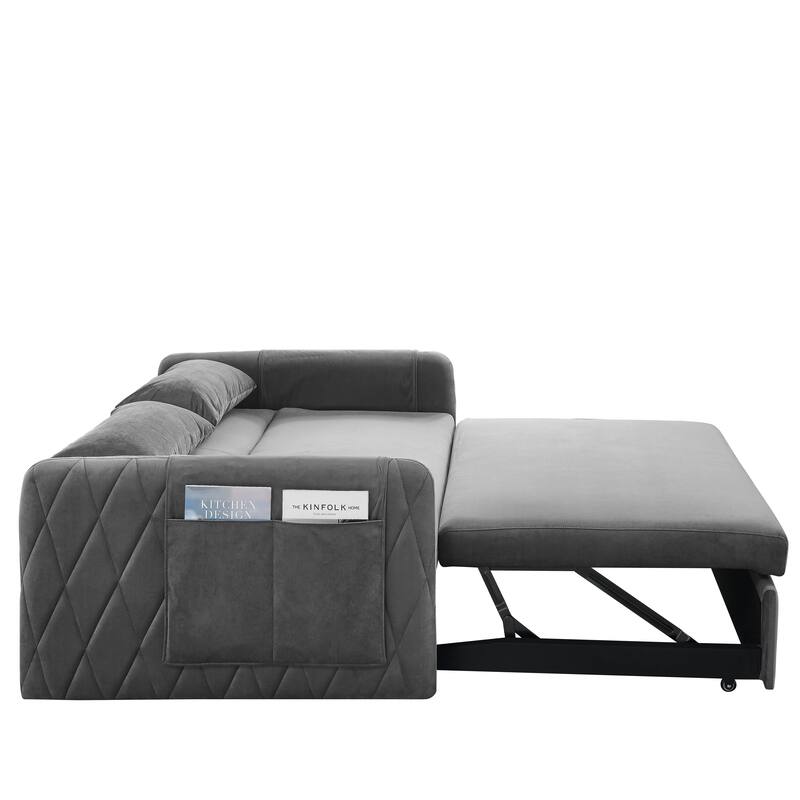 Pull-Out Velvet Couch with Chaise and Storage, Ideal for Apartments and Guest Rooms