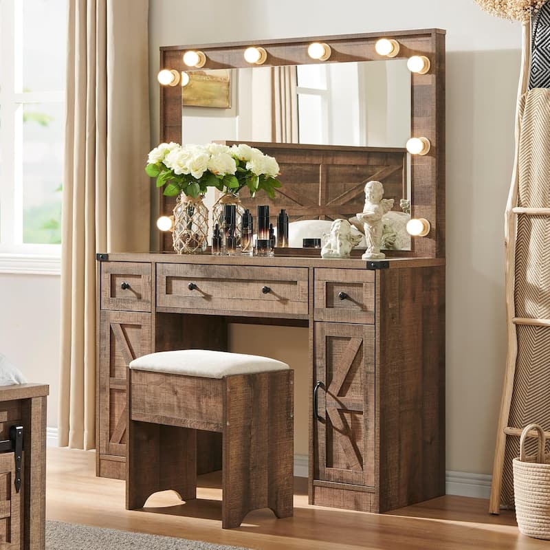 Farmhouse Vanity Desk with Mirror and Storage Space, Stool Included