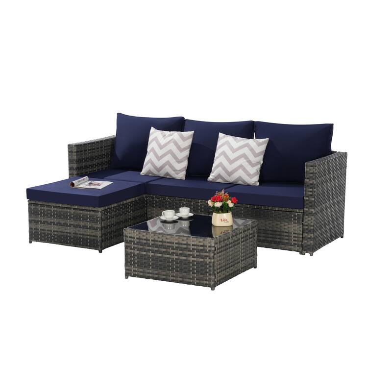 2-Pieces Outdoor Patio L-Shaped Sectional Sofa Set with Glass Coffee Table