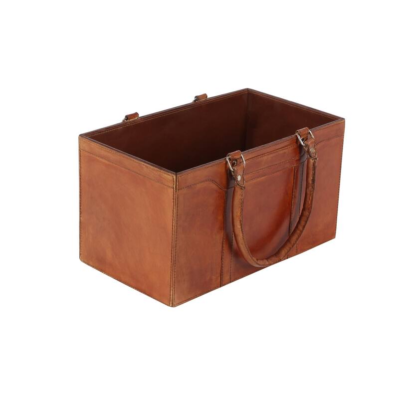 Leather Handmade Box Style Single Slot Magazine Holder with Detail Stitching and Curved Handles - Brown - Roche River Decor