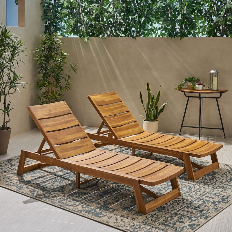 Outdoor 2-Piece Acacia Wood Chaise Lounge Chairs Set, Slat Design Adjustable Reclining Sun Lounger - Yellow Brown