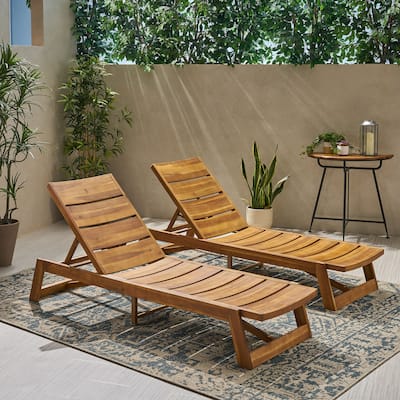 Outdoor 2-Piece Acacia Wood Chaise Lounge Chairs Set, Slat Design Adjustable Reclining Sun Lounger
