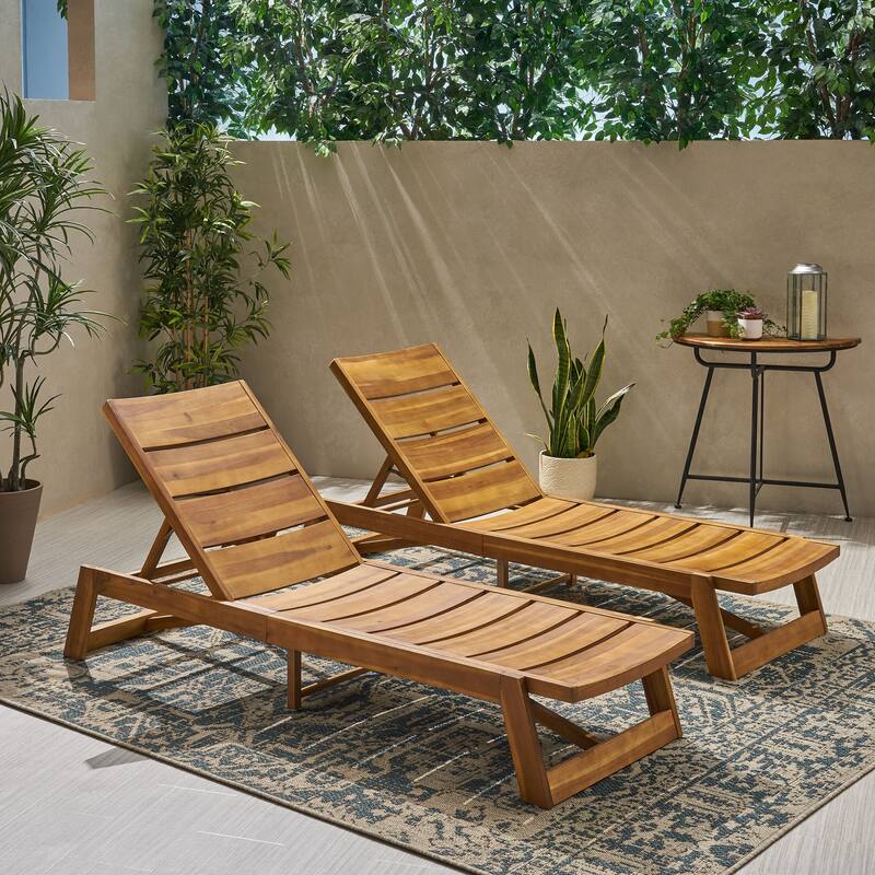 Set of 2 Wood Chaise Lounge with Adjustable Backrest and Curved Slatted for Poolside Patio Garden - Yellow Brown