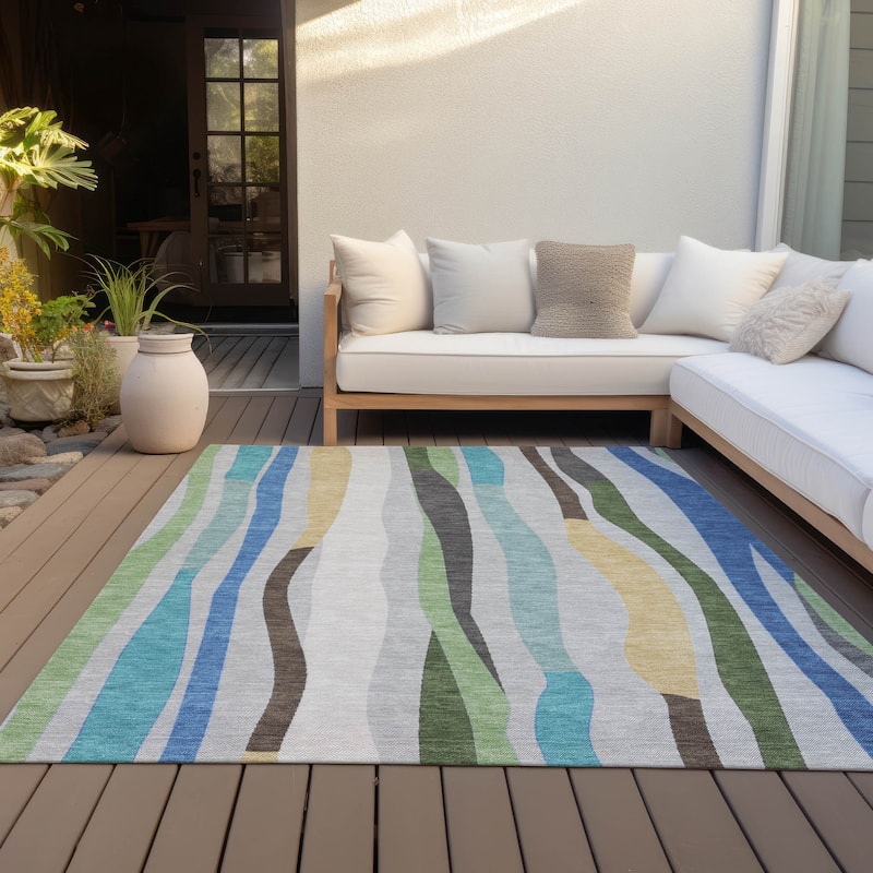 Machine Washable Indoor/Outdoor Modern Stripes Chantille Rug - Green - 2'6" x 3'10"