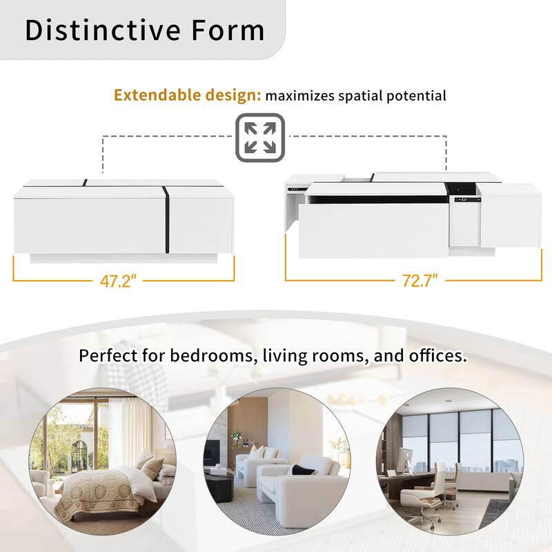 Extendable Coffee Table with Hidden Storage Compartments and 2 Drawers, Multi-Functional Center Table with High-Gloss Finish