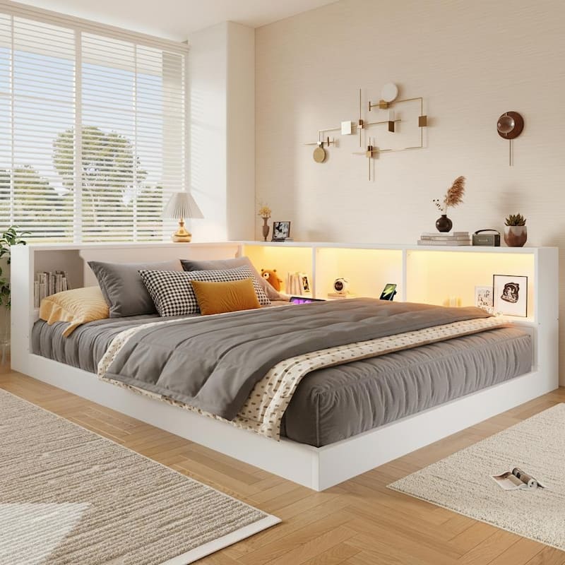 Queen L-Shape Storage Daybed with LED Shelf, Hidden Slide Cabinet & Built-In USB Power Hub by Harper&Bright Designs - White