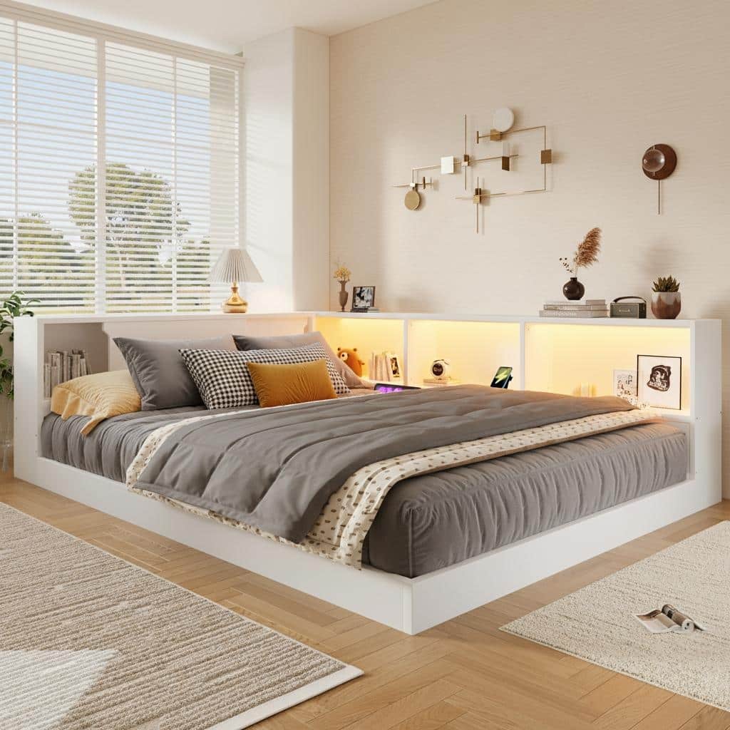 Queen L-Shape Storage Daybed with LED Shelf, Hidden Slide Cabinet & Built-In USB Power Hub by Harper&Bright Designs