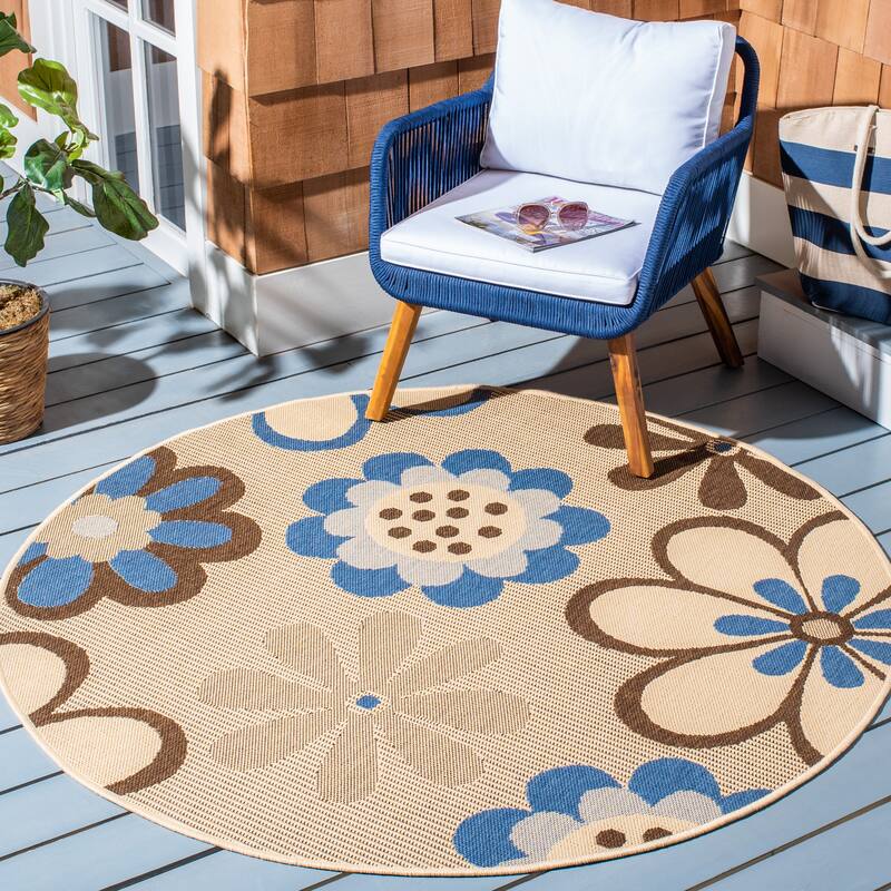 SAFAVIEH Courtyard Grania Indoor/ Outdoor Waterproof Patio Backyard Rug - 6'7" Round - Natural Brown/Blue