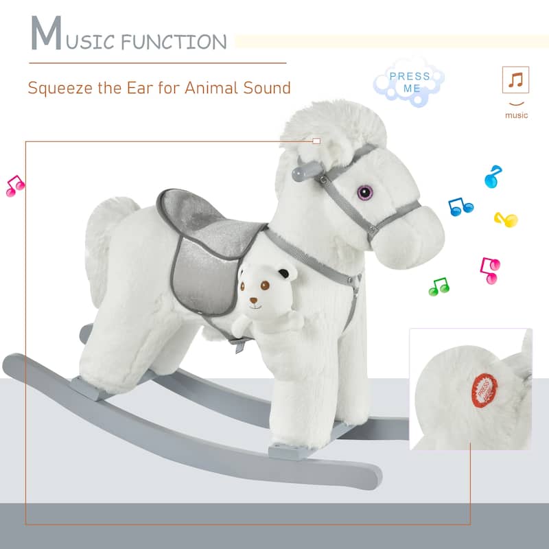 Plush Rocking Horse with Bonus Bear Toy and Sound for Toddlers Wooden Base - 25.5" L x 10.25" W x 21.75" H