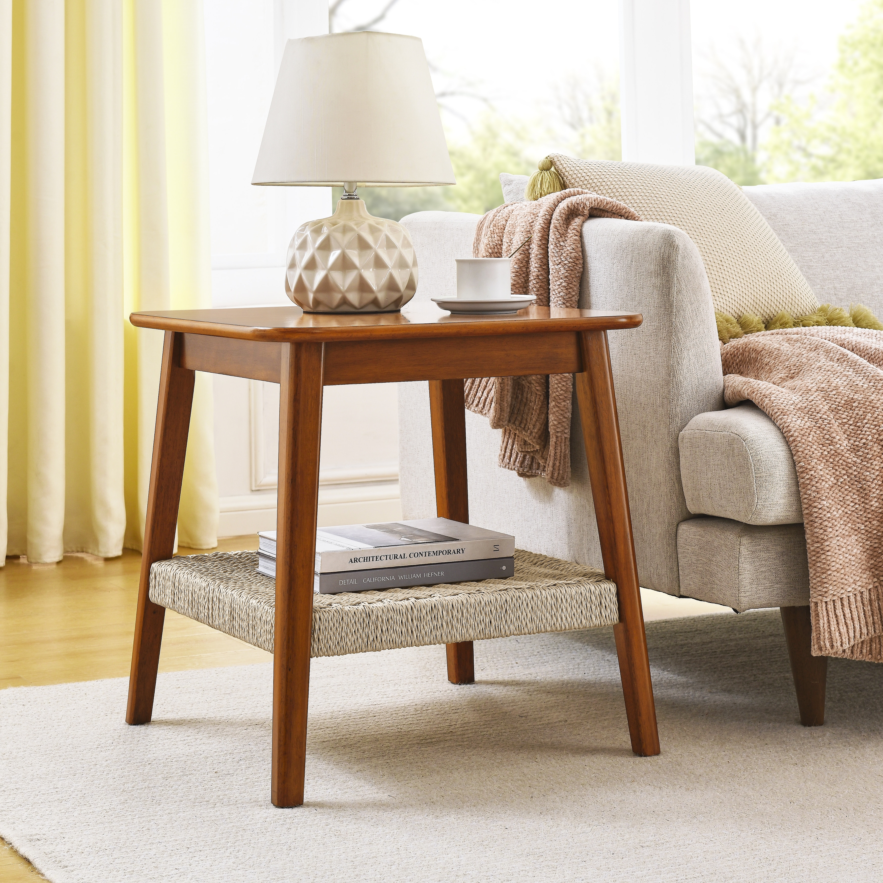 Mid-Century Square Side Table with Woven Shelf Walnut - Bed Bath