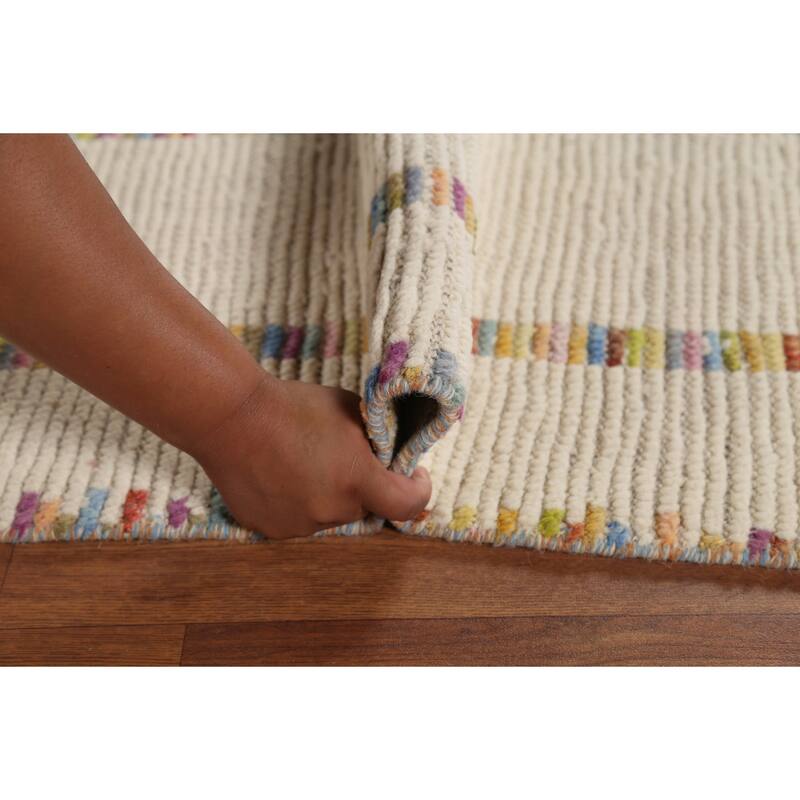 Ivory Moroccan Area Rug Hand-Knotted Stripe Wool Carpet - 4'11"x 8'8"