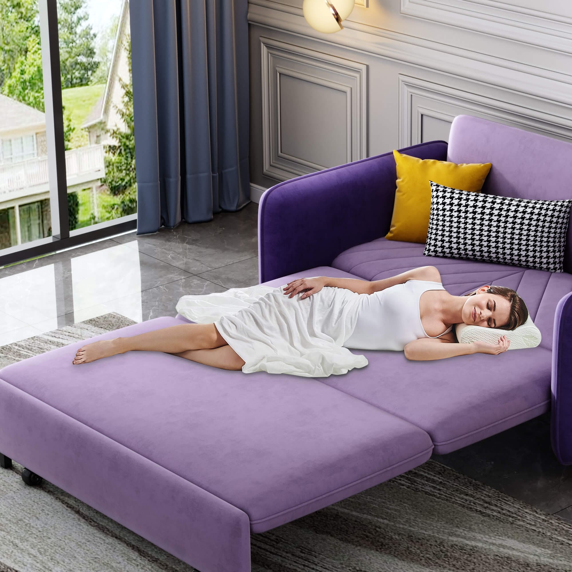 53.5” Full Sleeper Sofa Upholstered Convertible Sofa Bed 3-in-1 Sleeper Sofa Couch, Small Tufted Velvet (purple)