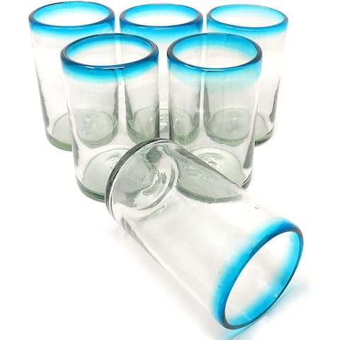 Dos Sueños Hand Blown Mexican Drinking Glasses - Set of 6 Glasses with Aqua Rims (14 oz each)