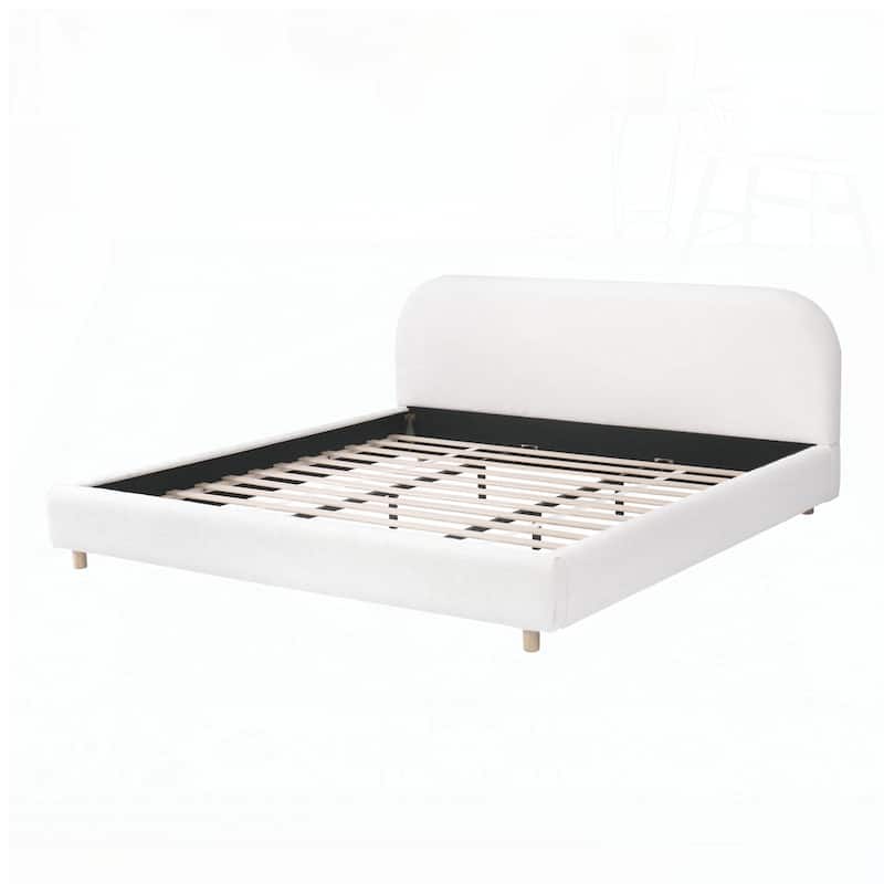 Boucle Fabric Upholstered Platform Bed with Curve-Shaped Design Headboard