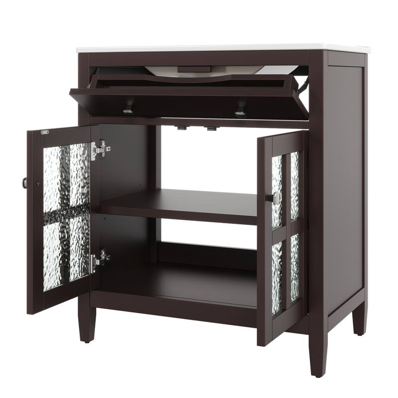 30" Storage Cabinet with Glass Doors, Bathroom Vanity with Ceramic Sink, Adjustable Shelf, Tip-Out Tray and Silver Metal Knobs