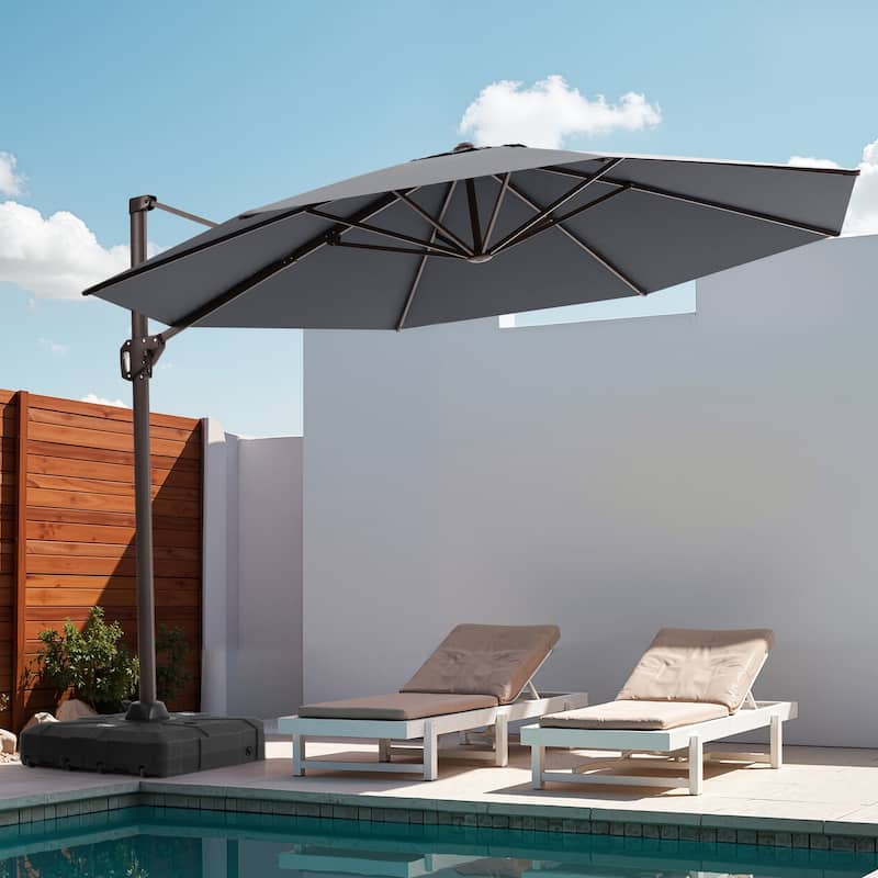 Outdoor 11 Ft Patio Cantilever 360 Degree Rotation Offset Umbrella with Base - Dark Grey