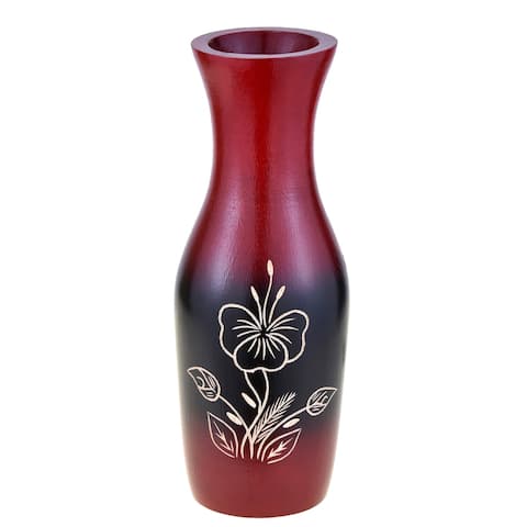 Handmade Captivating Hibiscus Flower Red and Black 8-inch Mango Tree Wood Vase (Thailand)