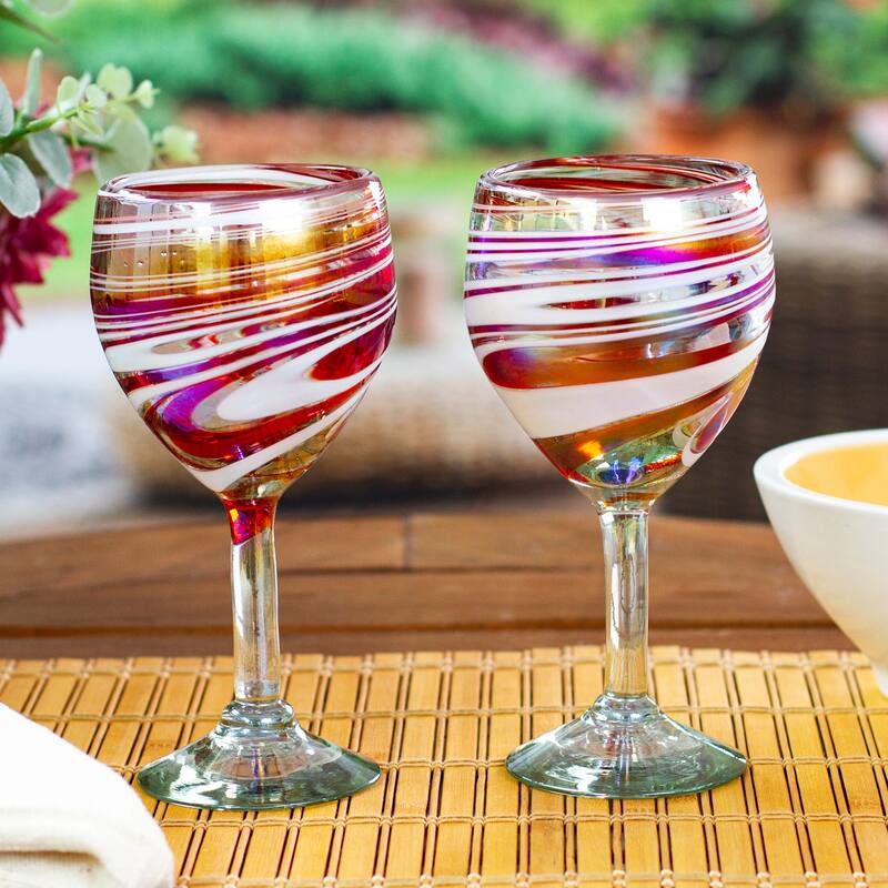 NOVICA Artisan Handblown Recycled Ecofriendly Wine Glasses Red White Mexico Tableware Drinkware 'Splendid Enchantment'(Pair)