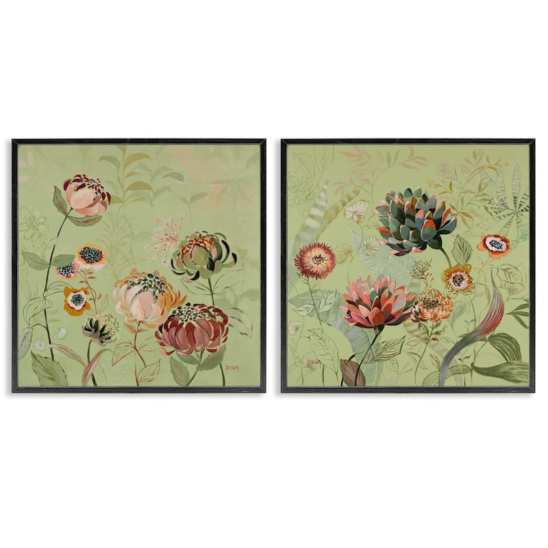 Stupell Chrysanthemums on Olive Green Framed Giclee Art Design By Dusza (Set of 2) - 17 x 17 - Black