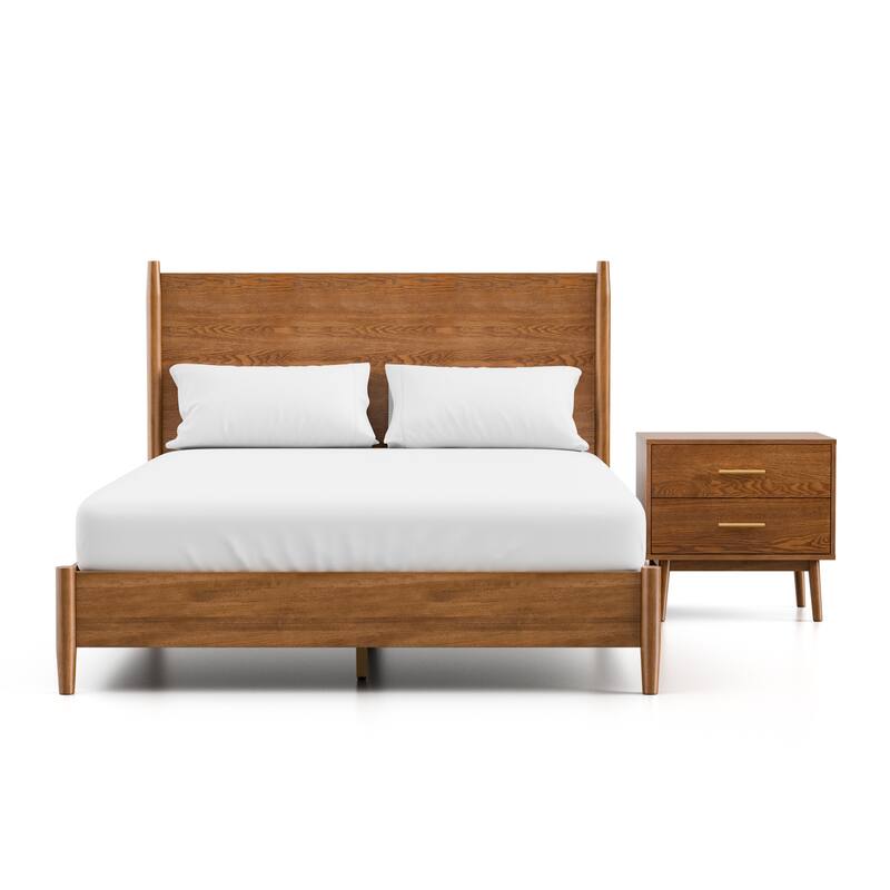 Furniture of America Beau Midcentury 2-Piece Walnut Platform Bed and Nightstand Set