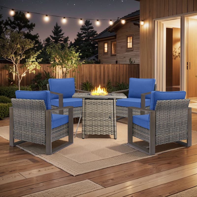 Pocassy Fire Pit Table with Outdoor Sofa Chair Ottoman Set - Grey Wicker Blue Cushion - 5-Piece Patio Chair with Suqare Fire Table