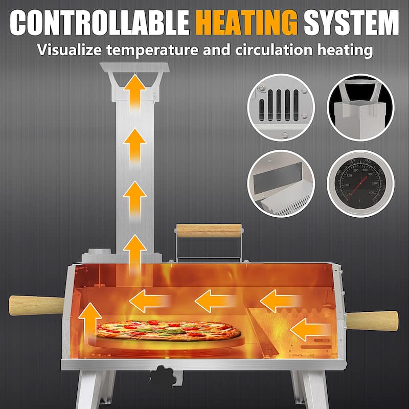 Outdoor Rotatable Portable Wood Fired Pellet Pizza Ovens w/Foldable Legs and Carryhandle - N/A