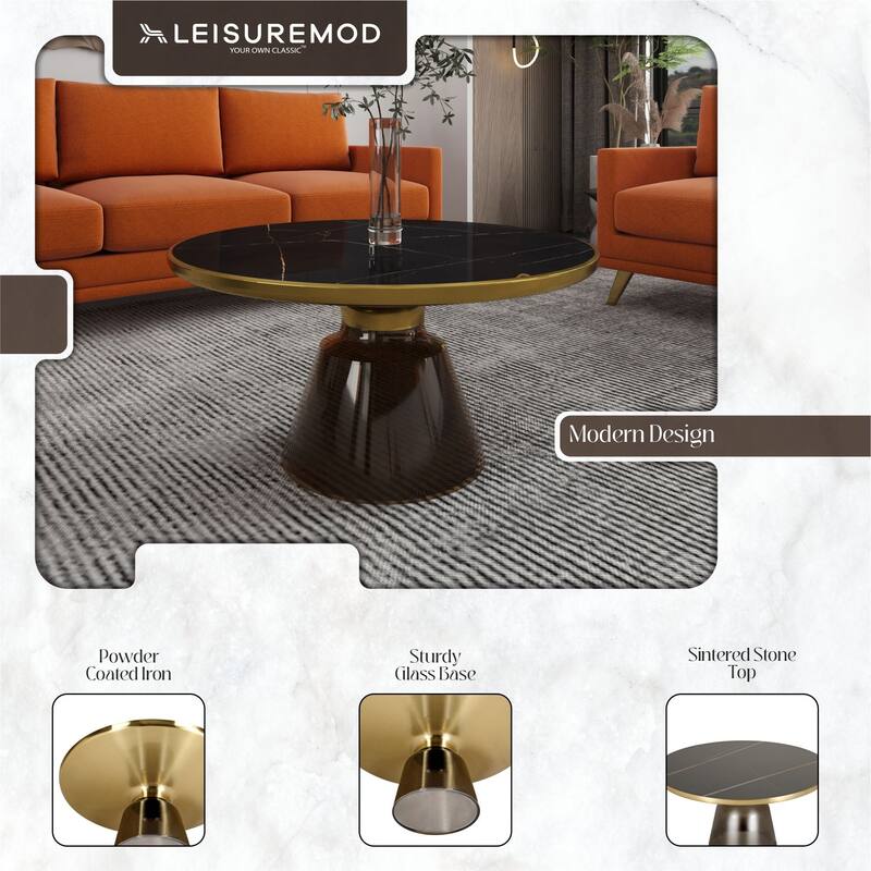 30-Inch Round Coffee Table Glass/Stone Tabletop with Gold Iron Rim Frame Glass Pedestal Base