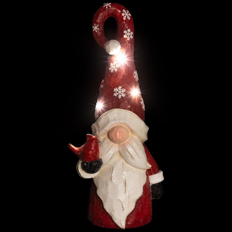 Gnome in Lighted Hat Holding Cardinal Christmas Decoration - 20" - LED Warm White Lights